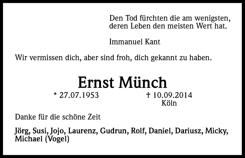  Traueranzeige für Ernst Münch vom 27.09.2014 aus Kölner Stadt-Anzeiger / Kölnische Rundschau / Express