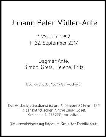 Anzeige von Johann Peter Müller-Ante von Kölner Stadt-Anzeiger / Kölnische Rundschau / Express