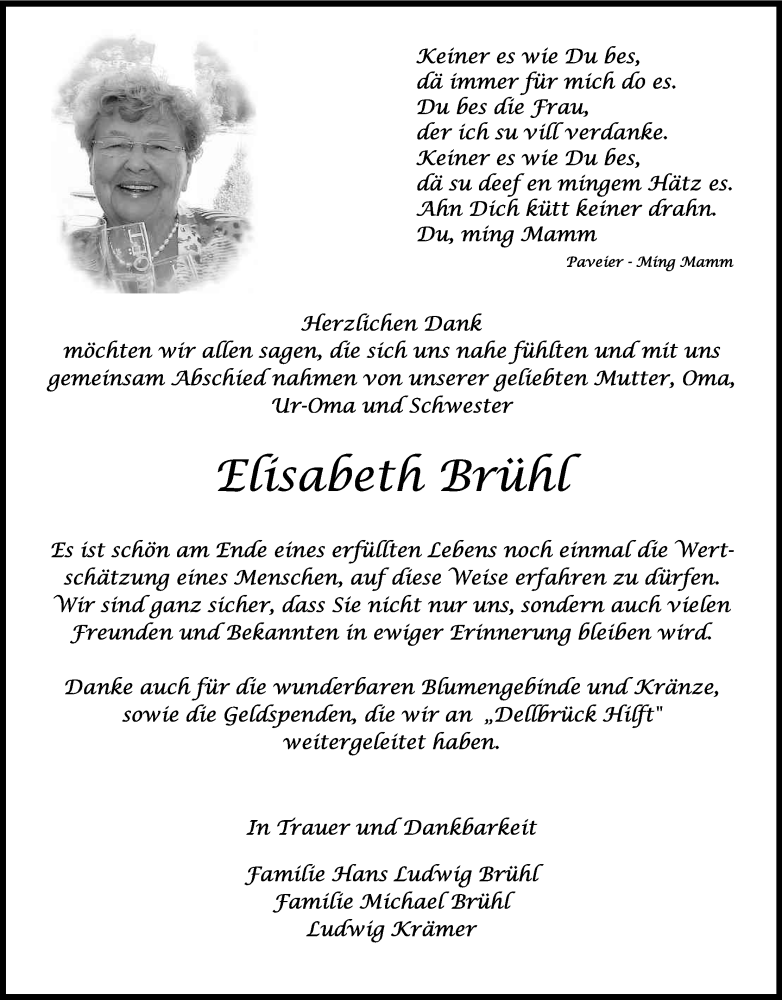  Traueranzeige für Elisabeth Brühl vom 27.09.2014 aus Kölner Stadt-Anzeiger / Kölnische Rundschau / Express