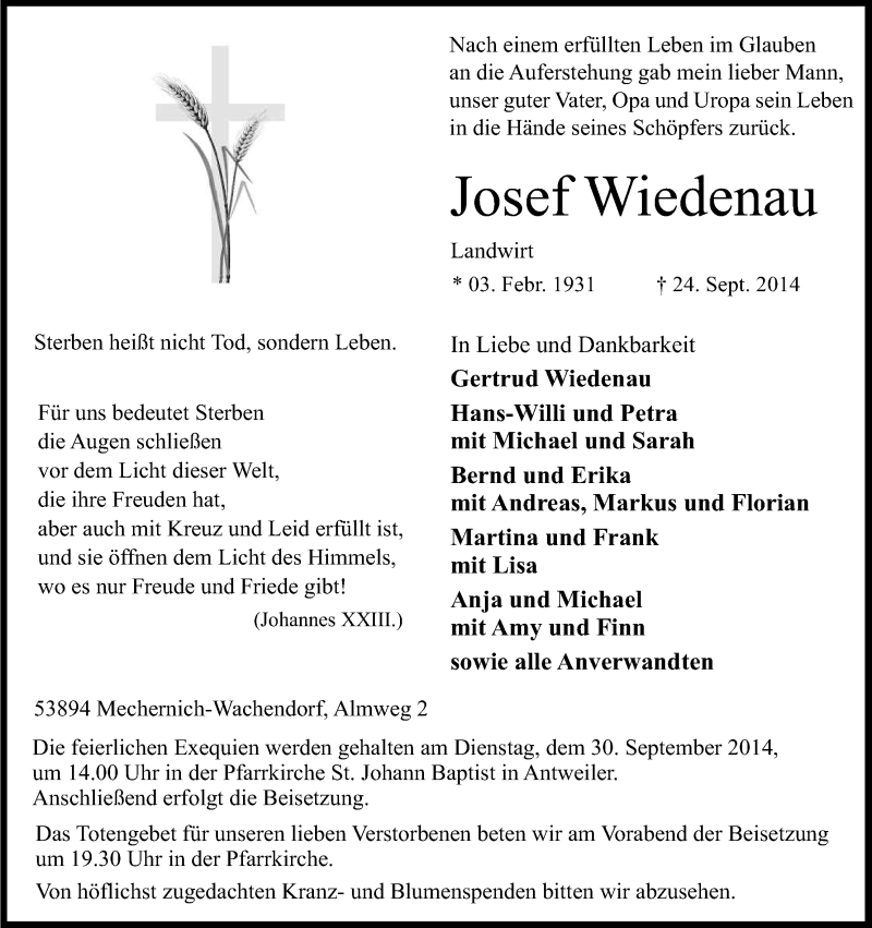  Traueranzeige für Josef Wiedernau vom 27.09.2014 aus Kölner Stadt-Anzeiger / Kölnische Rundschau / Express