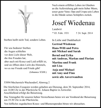 Anzeige von Josef Wiedernau von Kölner Stadt-Anzeiger / Kölnische Rundschau / Express