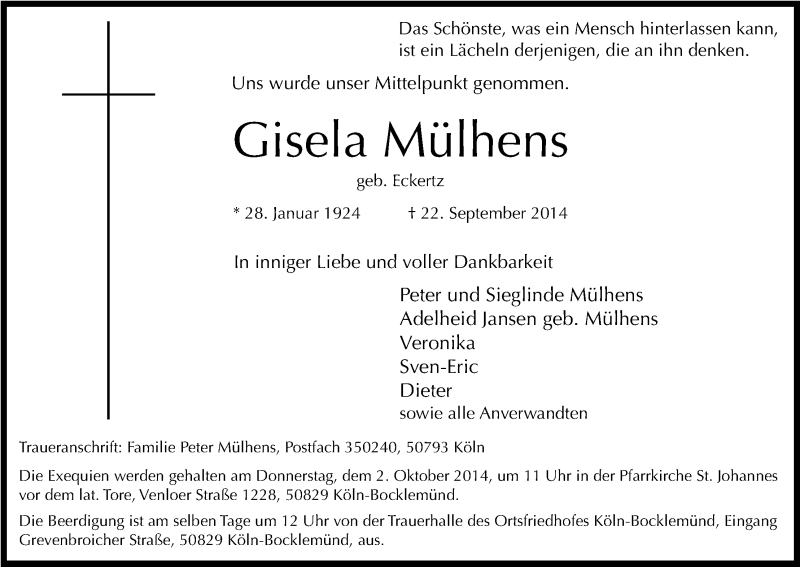  Traueranzeige für Gisela Mühlens vom 27.09.2014 aus Kölner Stadt-Anzeiger / Kölnische Rundschau / Express