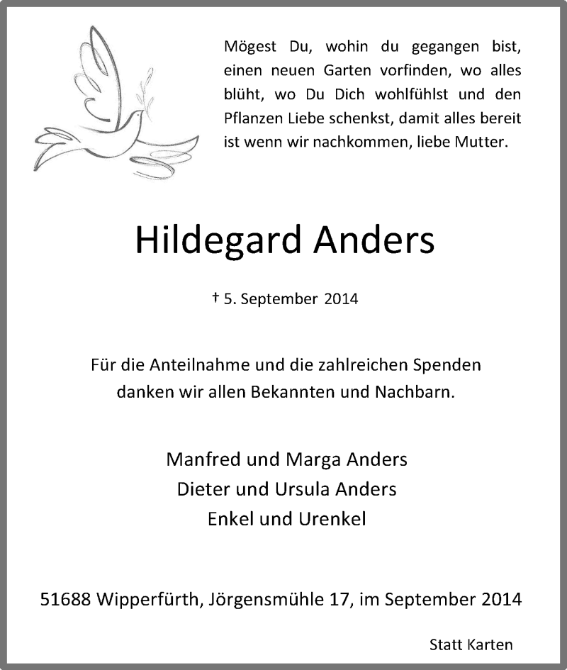  Traueranzeige für Hildegard Anders vom 27.09.2014 aus Kölner Stadt-Anzeiger / Kölnische Rundschau / Express