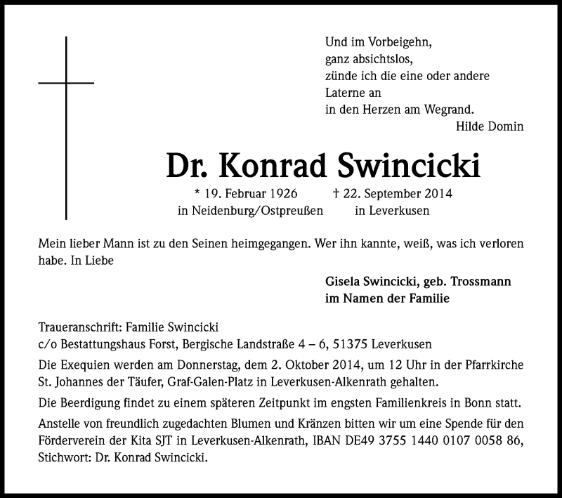  Traueranzeige für Konrad Swincicki vom 27.09.2014 aus Kölner Stadt-Anzeiger / Kölnische Rundschau / Express