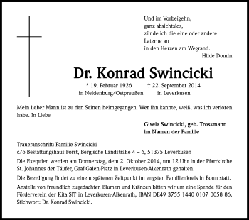 Anzeige von Konrad Swincicki von Kölner Stadt-Anzeiger / Kölnische Rundschau / Express
