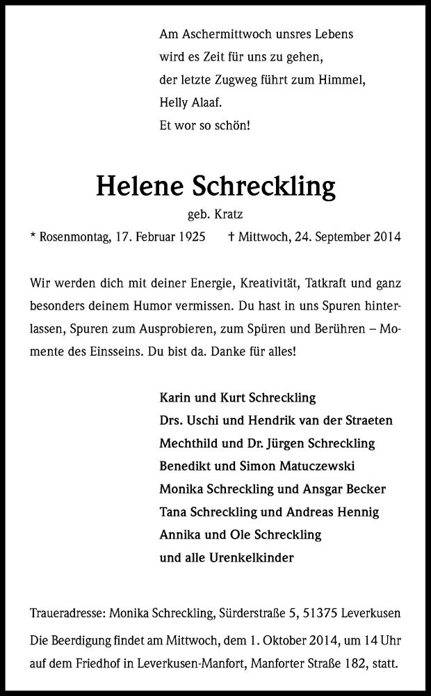  Traueranzeige für Helene Schreckling vom 27.09.2014 aus Kölner Stadt-Anzeiger / Kölnische Rundschau / Express
