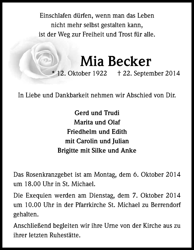  Traueranzeige für Mia Becker vom 27.09.2014 aus Kölner Stadt-Anzeiger / Kölnische Rundschau / Express