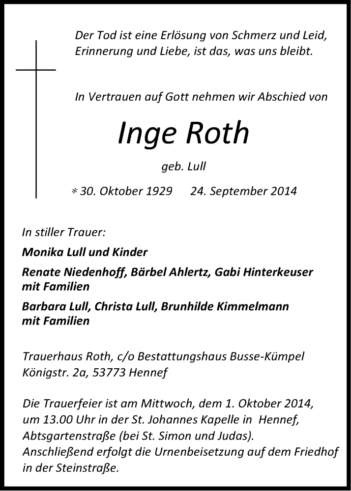  Traueranzeige für Inge Roth vom 27.09.2014 aus Kölner Stadt-Anzeiger / Kölnische Rundschau / Express