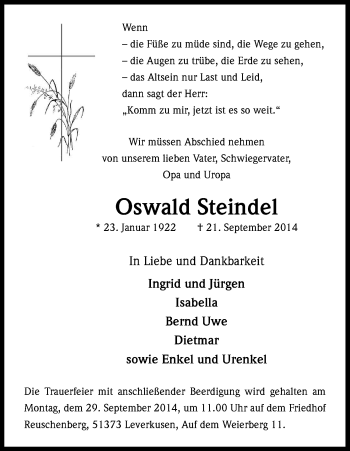 Anzeige von Oswald Steindel von Kölner Stadt-Anzeiger / Kölnische Rundschau / Express