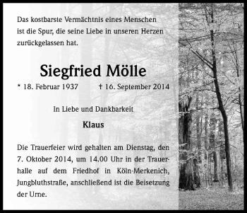 Anzeige von Siegfried Mölle von Kölner Stadt-Anzeiger / Kölnische Rundschau / Express