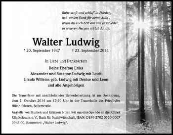 Anzeige von Walter Ludwig von Kölner Stadt-Anzeiger / Kölnische Rundschau / Express
