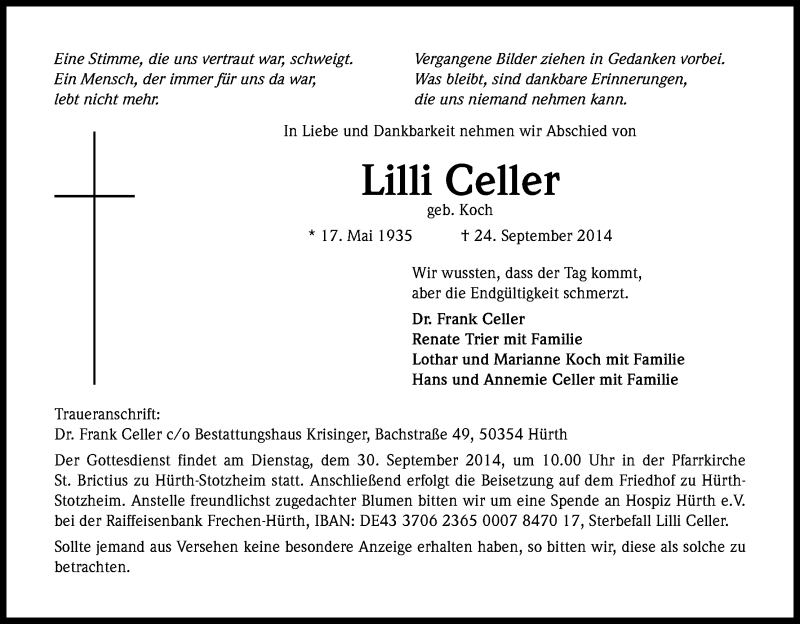  Traueranzeige für Lilli Celler vom 27.09.2014 aus Kölner Stadt-Anzeiger / Kölnische Rundschau / Express