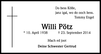Anzeige von Willi Pötz von Kölner Stadt-Anzeiger / Kölnische Rundschau / Express
