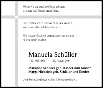Anzeige von Manuela Schüller von Kölner Stadt-Anzeiger / Kölnische Rundschau / Express