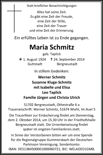 Anzeige von Maria Schmitz von Kölner Stadt-Anzeiger / Kölnische Rundschau / Express