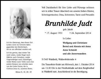 Anzeige von Brunhilde Judt von Kölner Stadt-Anzeiger / Kölnische Rundschau / Express