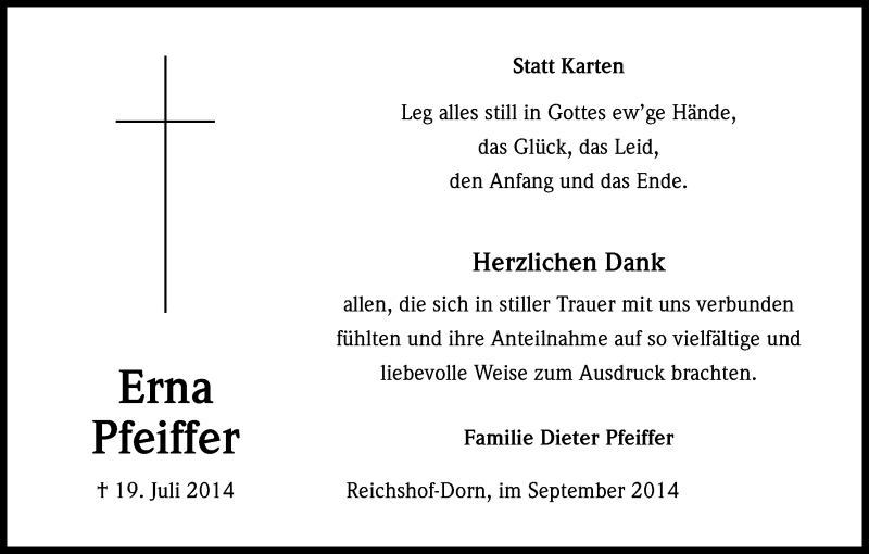  Traueranzeige für Erna Pfeiffer vom 27.09.2014 aus Kölner Stadt-Anzeiger / Kölnische Rundschau / Express