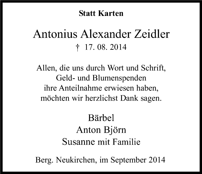  Traueranzeige für Antonius Alexander Zeidler vom 27.09.2014 aus Kölner Stadt-Anzeiger / Kölnische Rundschau / Express