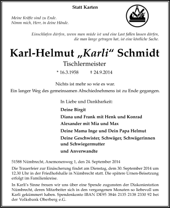 Anzeige von Karl-Helmut Schmidt von Kölner Stadt-Anzeiger / Kölnische Rundschau / Express