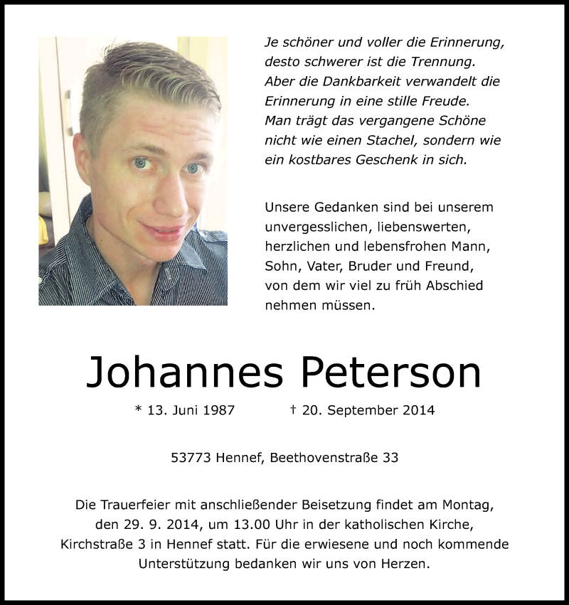  Traueranzeige für Johannes Peterson vom 27.09.2014 aus Kölner Stadt-Anzeiger / Kölnische Rundschau / Express