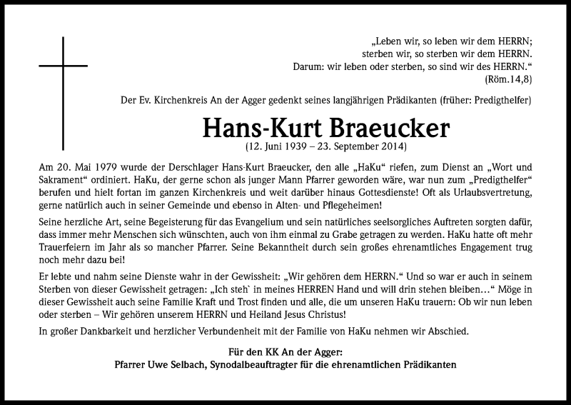  Traueranzeige für Hans-Kurt Braeucker vom 29.09.2014 aus Kölner Stadt-Anzeiger / Kölnische Rundschau / Express