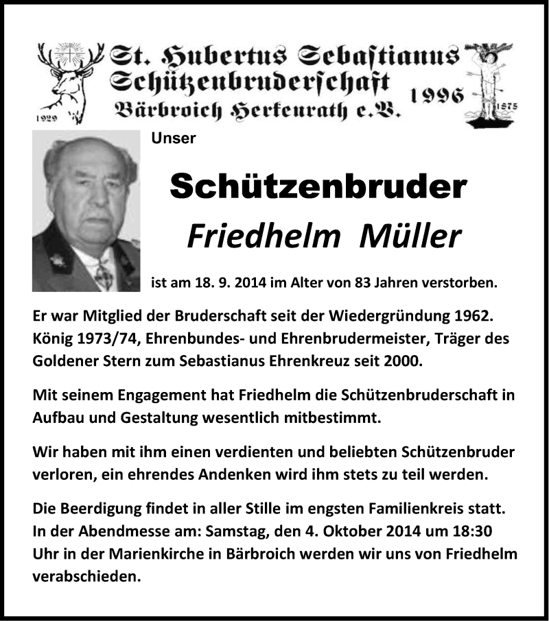  Traueranzeige für Friedhelm Müller vom 01.10.2014 aus Kölner Stadt-Anzeiger / Kölnische Rundschau / Express