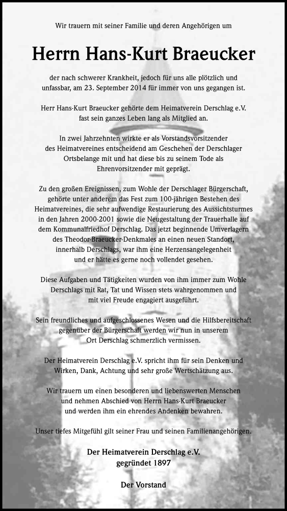  Traueranzeige für Hans-Kurt Braeucker vom 29.09.2014 aus Kölner Stadt-Anzeiger / Kölnische Rundschau / Express