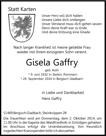 Anzeige von Gisela Gaffry von Kölner Stadt-Anzeiger / Kölnische Rundschau / Express