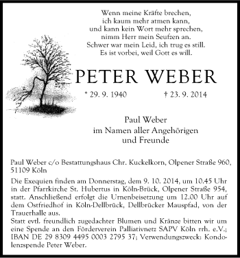 Anzeige von Peter Weber von Kölner Stadt-Anzeiger / Kölnische Rundschau / Express