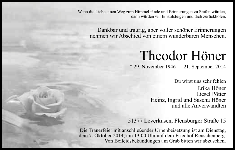  Traueranzeige für Theodor Höner vom 02.10.2014 aus Kölner Stadt-Anzeiger / Kölnische Rundschau / Express