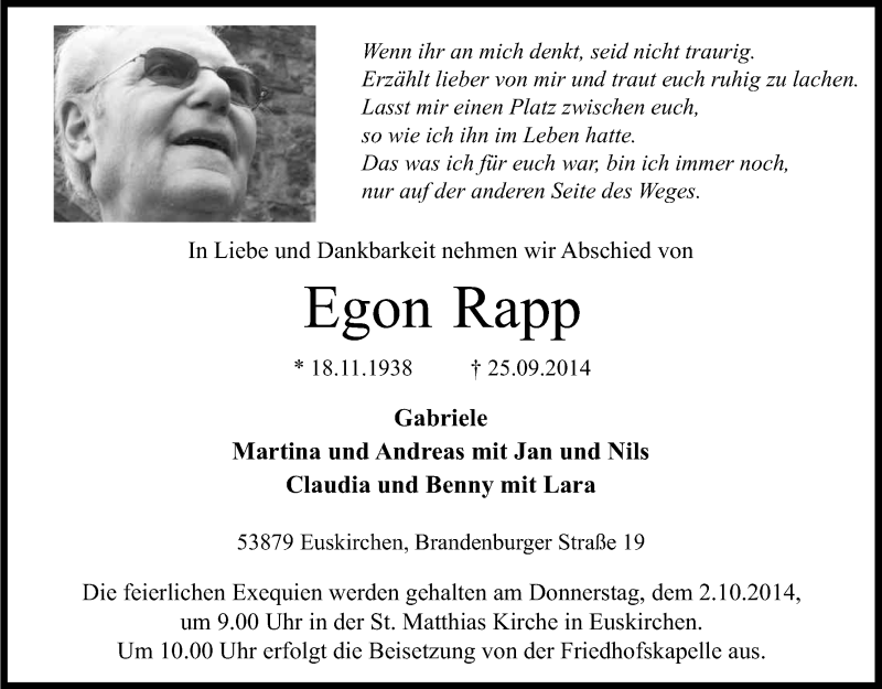  Traueranzeige für Egon Rapp vom 29.09.2014 aus Kölner Stadt-Anzeiger / Kölnische Rundschau / Express