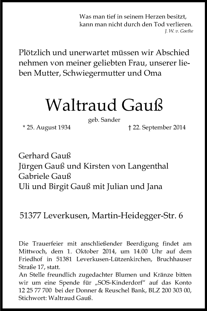  Traueranzeige für Waltraud Gauß vom 29.09.2014 aus Kölner Stadt-Anzeiger / Kölnische Rundschau / Express