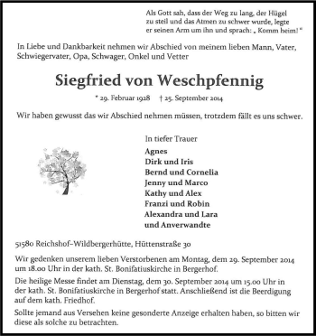 Anzeige von Siegfried von Weschpfennig von Kölner Stadt-Anzeiger / Kölnische Rundschau / Express