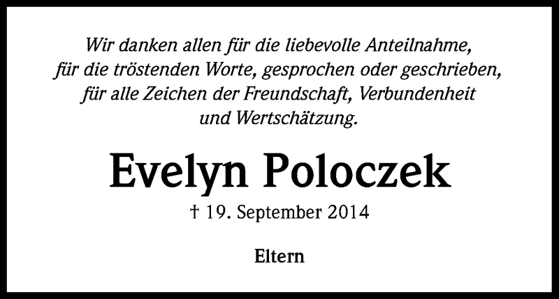  Traueranzeige für Evelyn Poloczek vom 01.10.2014 aus Kölner Stadt-Anzeiger / Kölnische Rundschau / Express