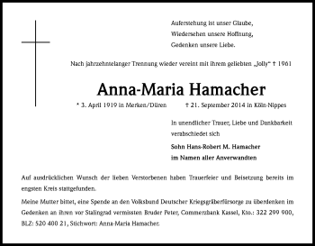 Anzeige von Anna-Maria Hamacher von Kölner Stadt-Anzeiger / Kölnische Rundschau / Express
