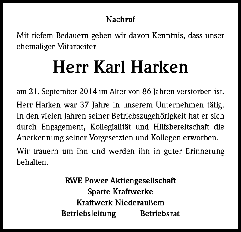  Traueranzeige für Karl Harken vom 29.09.2014 aus Kölner Stadt-Anzeiger / Kölnische Rundschau / Express