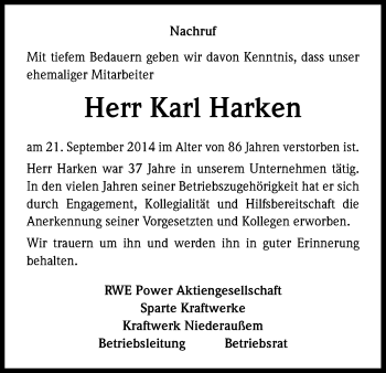 Anzeige von Karl Harken von Kölner Stadt-Anzeiger / Kölnische Rundschau / Express