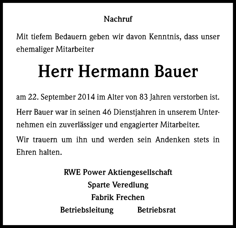  Traueranzeige für Hermann Bauer vom 30.09.2014 aus Kölner Stadt-Anzeiger / Kölnische Rundschau / Express