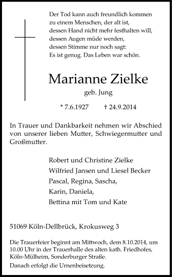 Anzeige von Marianne Zielke von Kölner Stadt-Anzeiger / Kölnische Rundschau / Express