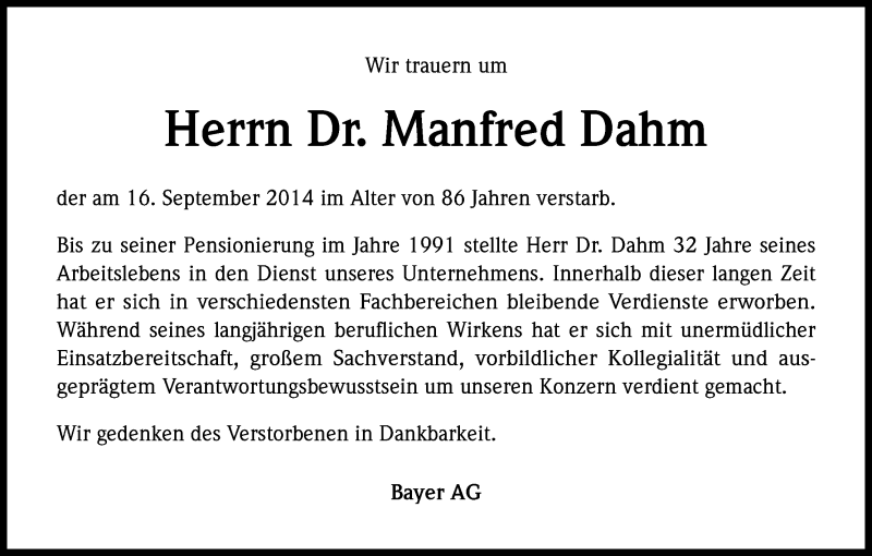  Traueranzeige für Manfred Dahm vom 29.09.2014 aus Kölner Stadt-Anzeiger / Kölnische Rundschau / Express