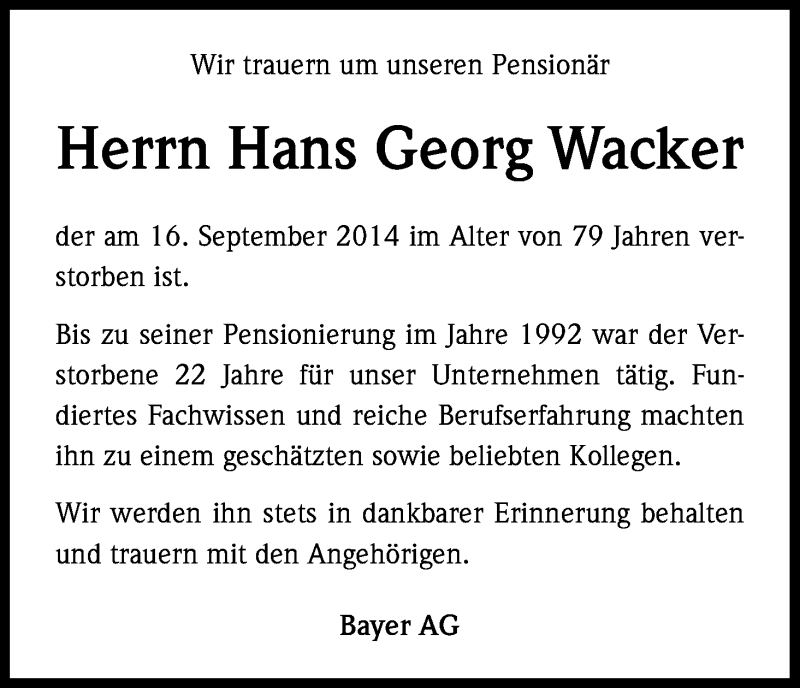  Traueranzeige für Hans Georg Wacker vom 29.09.2014 aus Kölner Stadt-Anzeiger / Kölnische Rundschau / Express