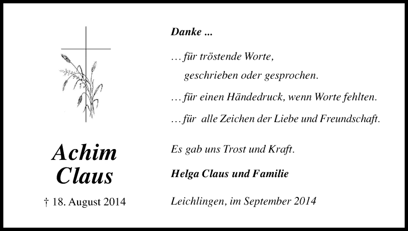  Traueranzeige für Achim Claus vom 01.10.2014 aus Kölner Stadt-Anzeiger / Kölnische Rundschau / Express