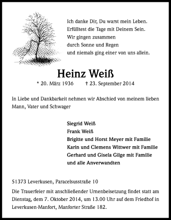 Anzeige von Heinz Weiß von Kölner Stadt-Anzeiger / Kölnische Rundschau / Express