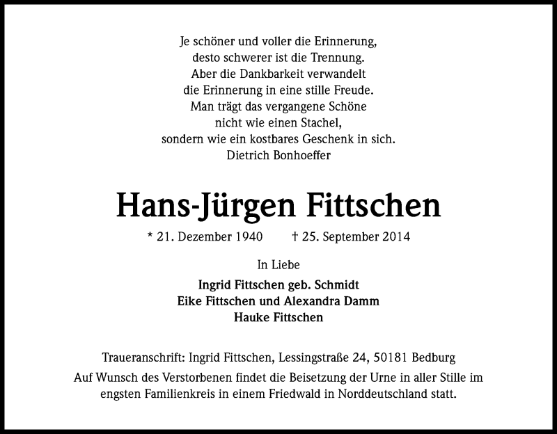  Traueranzeige für Hans-Jürgen Fittschen vom 01.10.2014 aus Kölner Stadt-Anzeiger / Kölnische Rundschau / Express