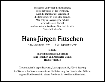 Anzeige von Hans-Jürgen Fittschen von Kölner Stadt-Anzeiger / Kölnische Rundschau / Express