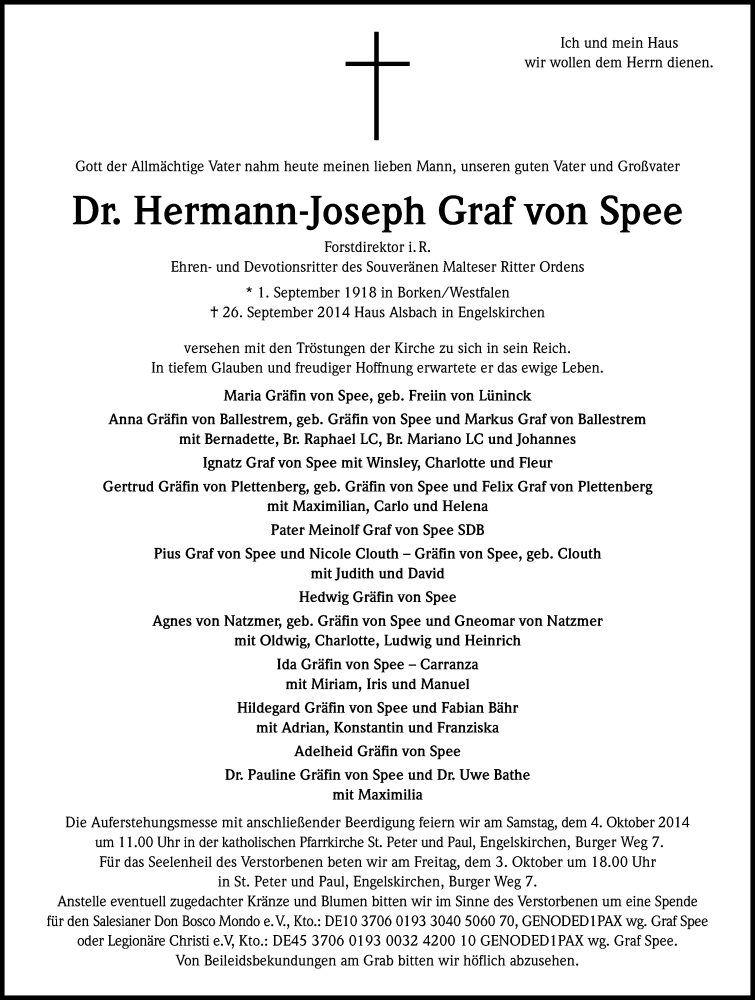  Traueranzeige für Hermann-Joseph Graf vpm Süee vom 01.10.2014 aus Kölner Stadt-Anzeiger / Kölnische Rundschau / Express