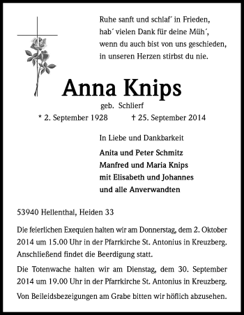Anzeige von Anna Knips von Kölner Stadt-Anzeiger / Kölnische Rundschau / Express