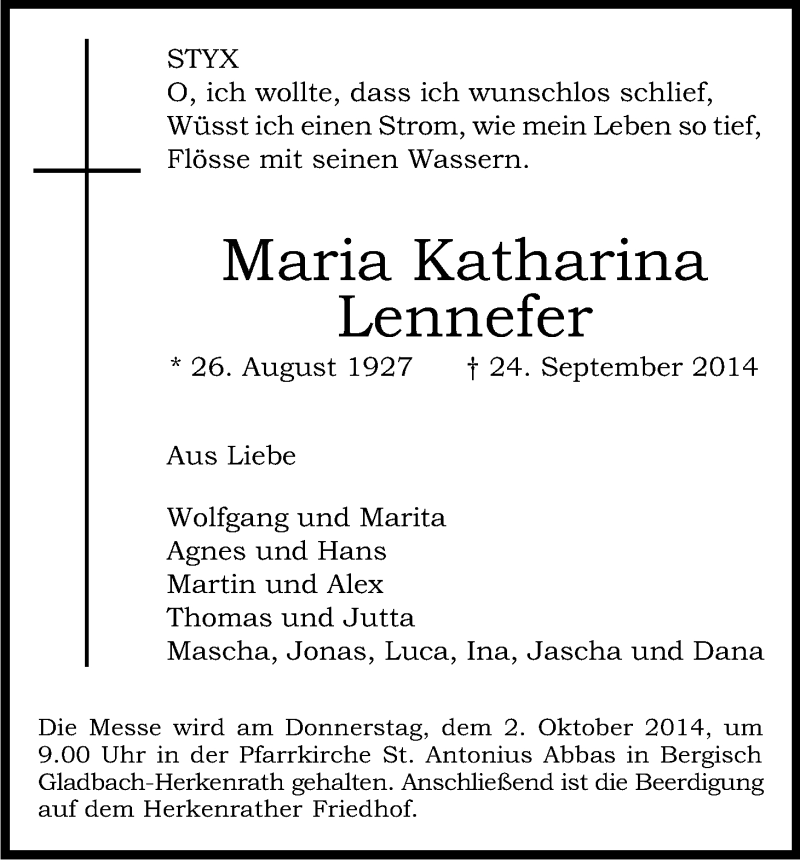  Traueranzeige für Maria Katharina Lennefer vom 30.09.2014 aus Kölner Stadt-Anzeiger / Kölnische Rundschau / Express