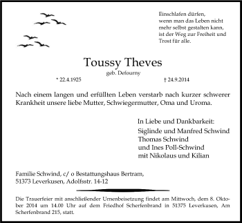 Anzeige von Toussy Theves von Kölner Stadt-Anzeiger / Kölnische Rundschau / Express