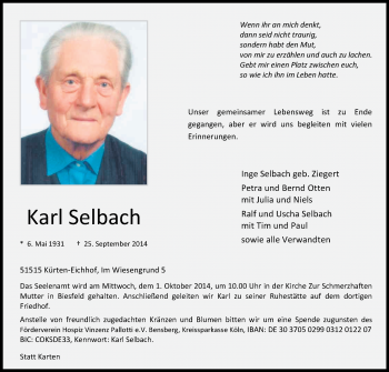 Anzeige von Karl Selbach von Kölner Stadt-Anzeiger / Kölnische Rundschau / Express